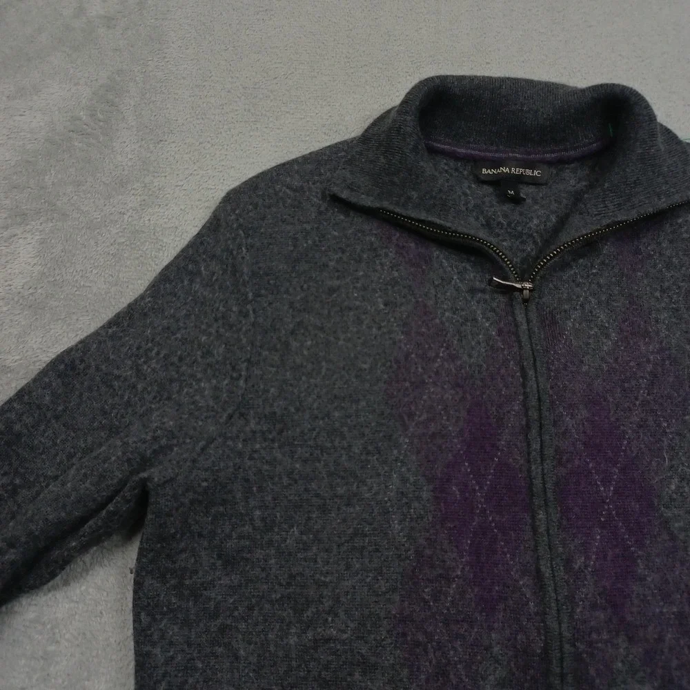 Vintage Banana Republic Sweater Mens Medium Gray Full ZIp‎ Wool Blend Preppy